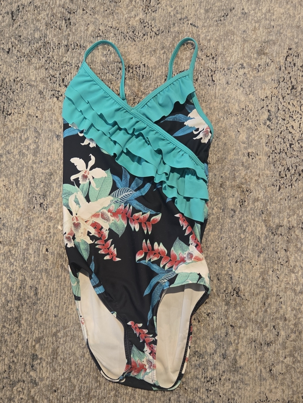 Girls' Teal Floral Ruffle One-Piece Swimsuit